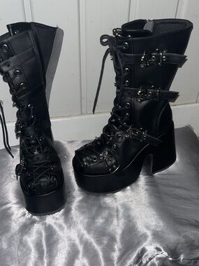 Demonia Black Platform Lace-Up Buckle Gothic Boots Camel-115